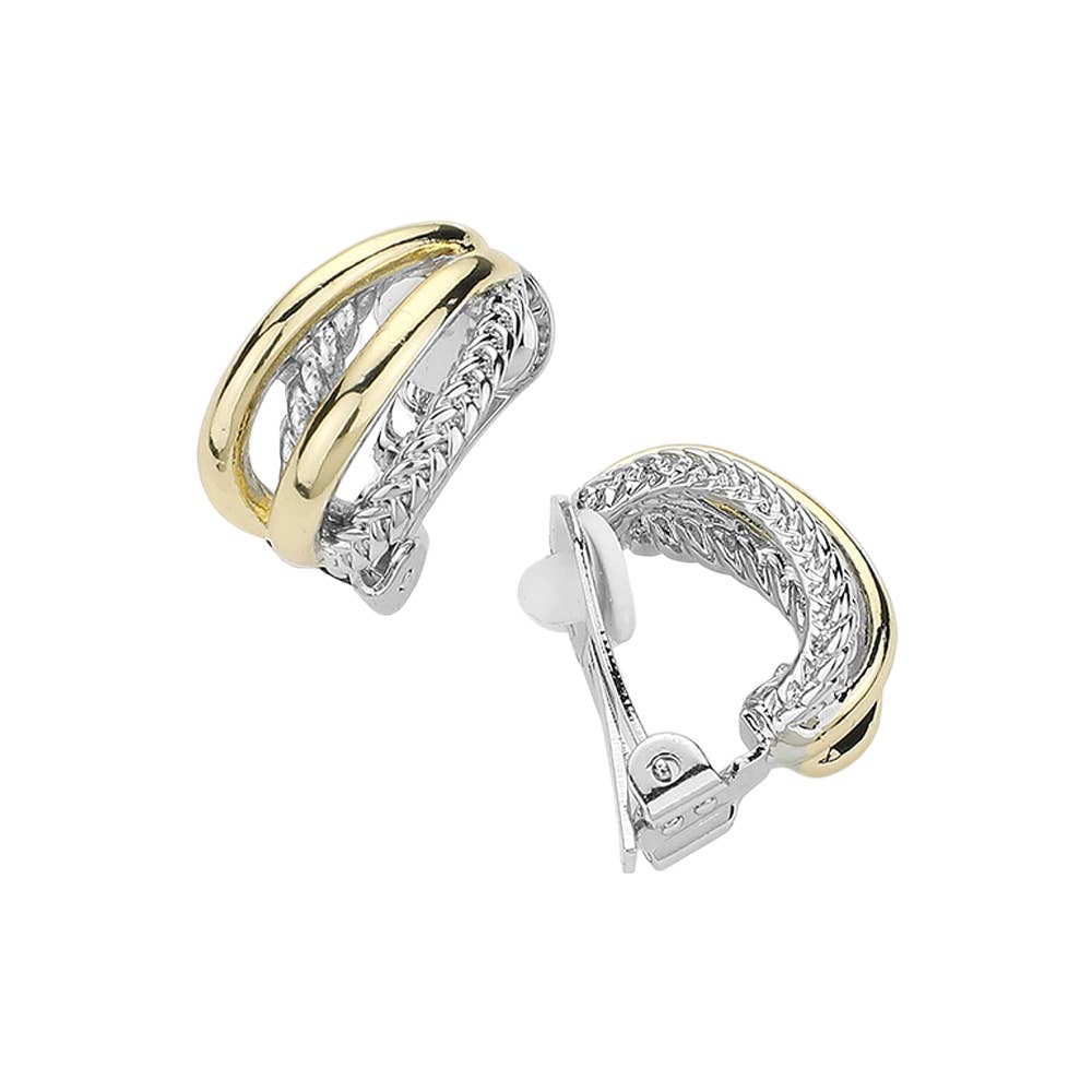 14K Gold Plated Two Tone Crisscross Clip On Earrings