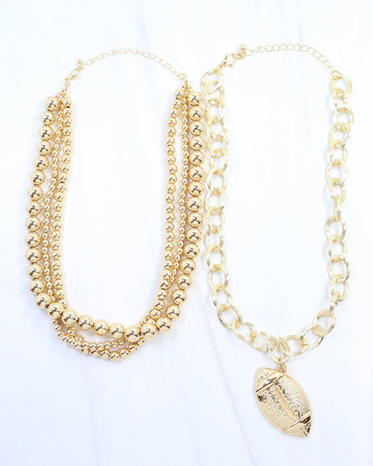 Bree Beaded Layered Necklace- Football- Gold- by Caroline Hill