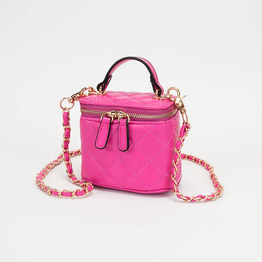 Faux Leather Quilted Top Handle Mini Vanity Box Crossbody Bag