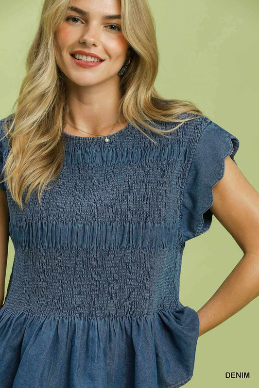 Denim Blend Smocked Peplum Top
