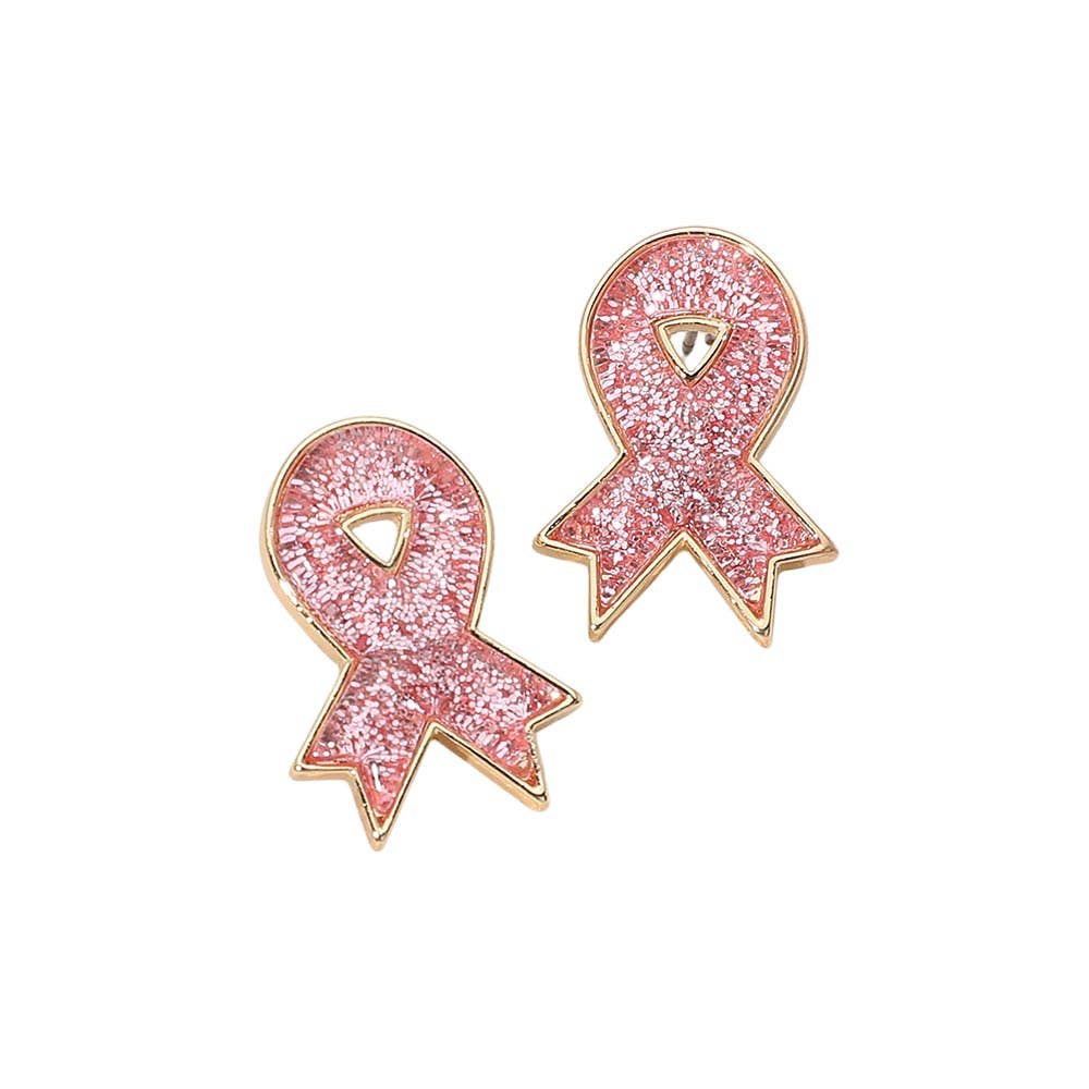 Glitter Pink Ribbon Stud Earrings