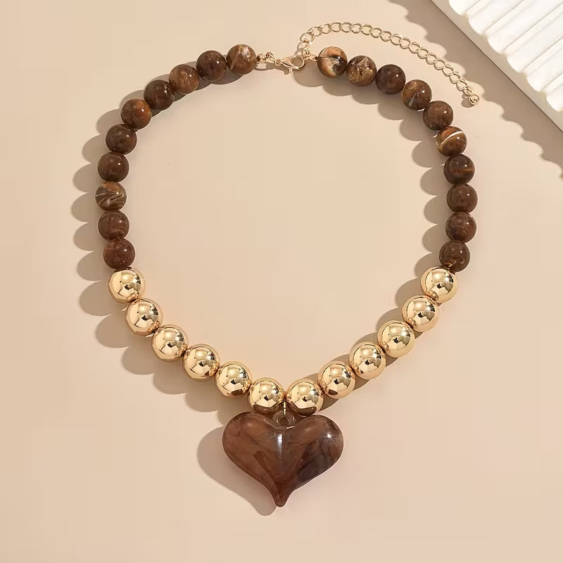 Brown and Gold Beaded Necklace With Heart Pendant