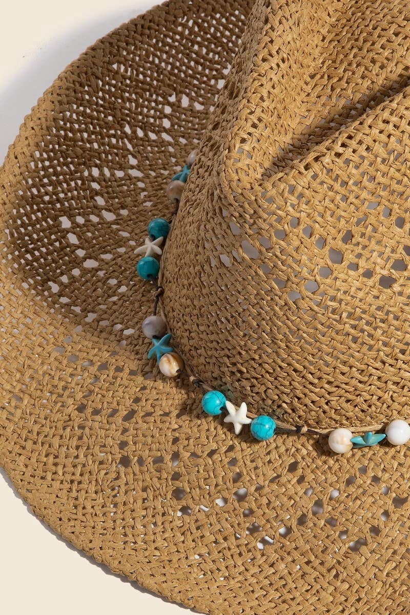 Turquoise And Shell Star Beads Strap Western Straw Hat