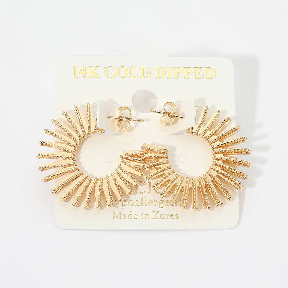 14K Gold Dipped Textured Sunburst Hoop Earrings