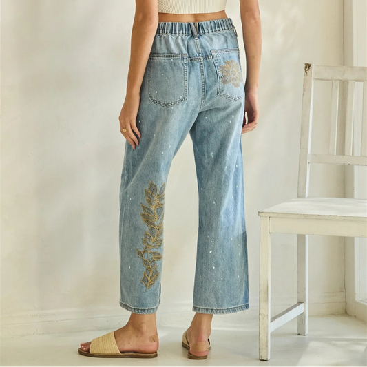 WASHED FLORAL EMBROIDERED DENIM PANTS
