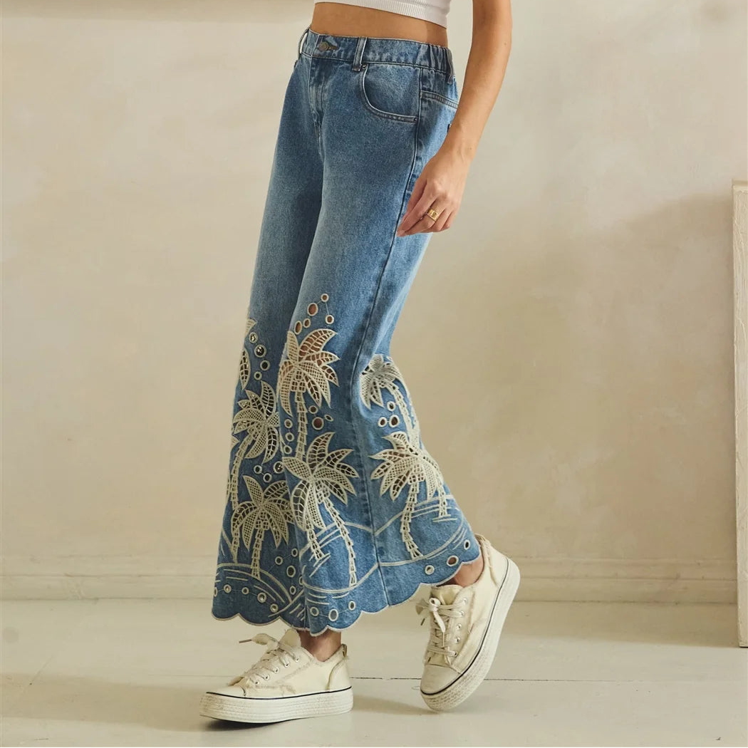 EYELET CUTOUTS PALM TREE FLARED PANTS