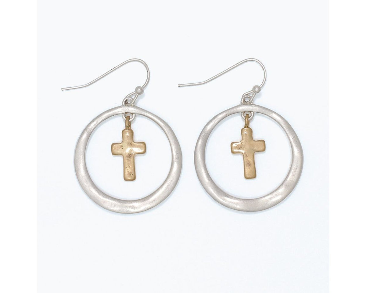 Hammered Matte Two Tone Cross Earrings by Periwinkle