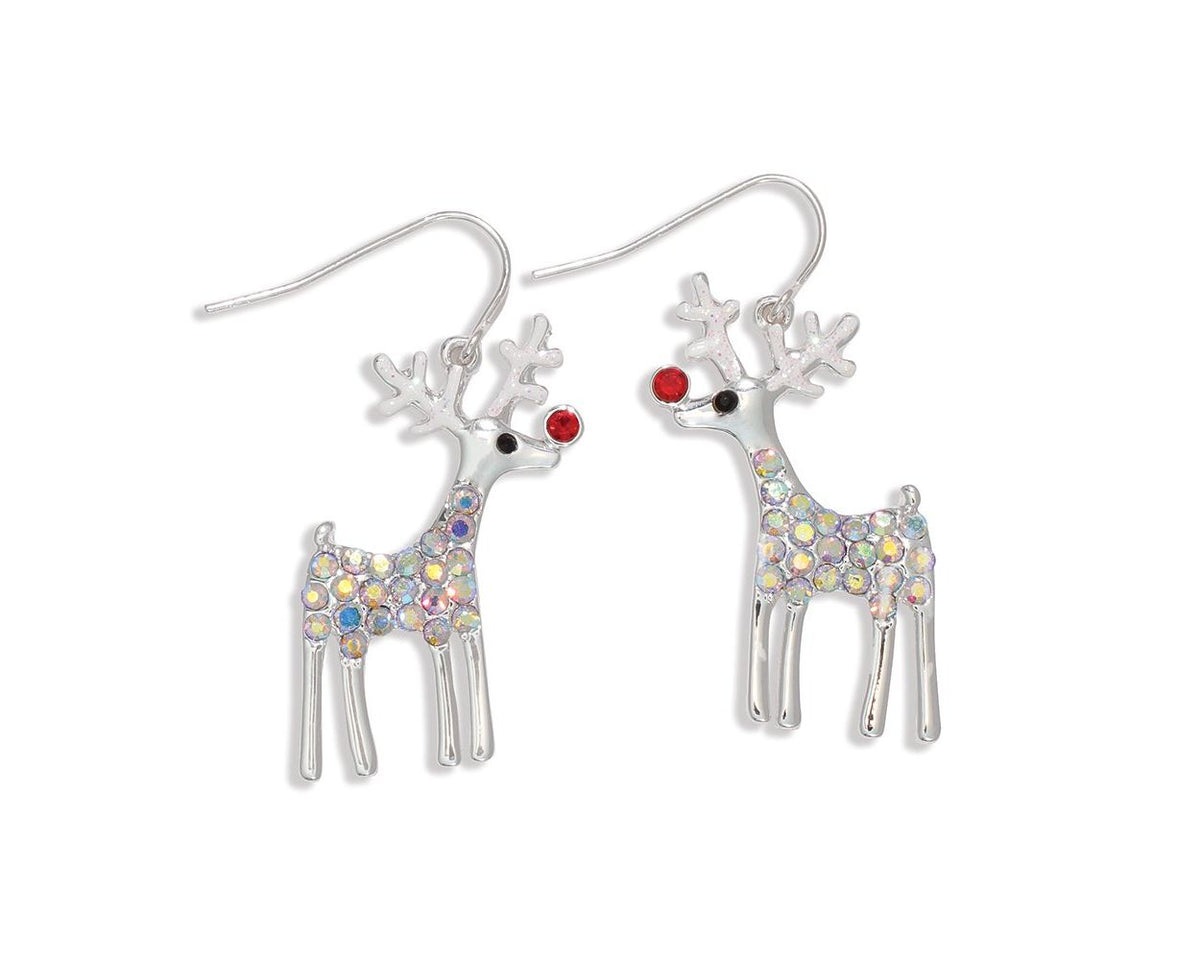 AB Crystal Studded Silver Rudolph Earrings by Periwinkle
