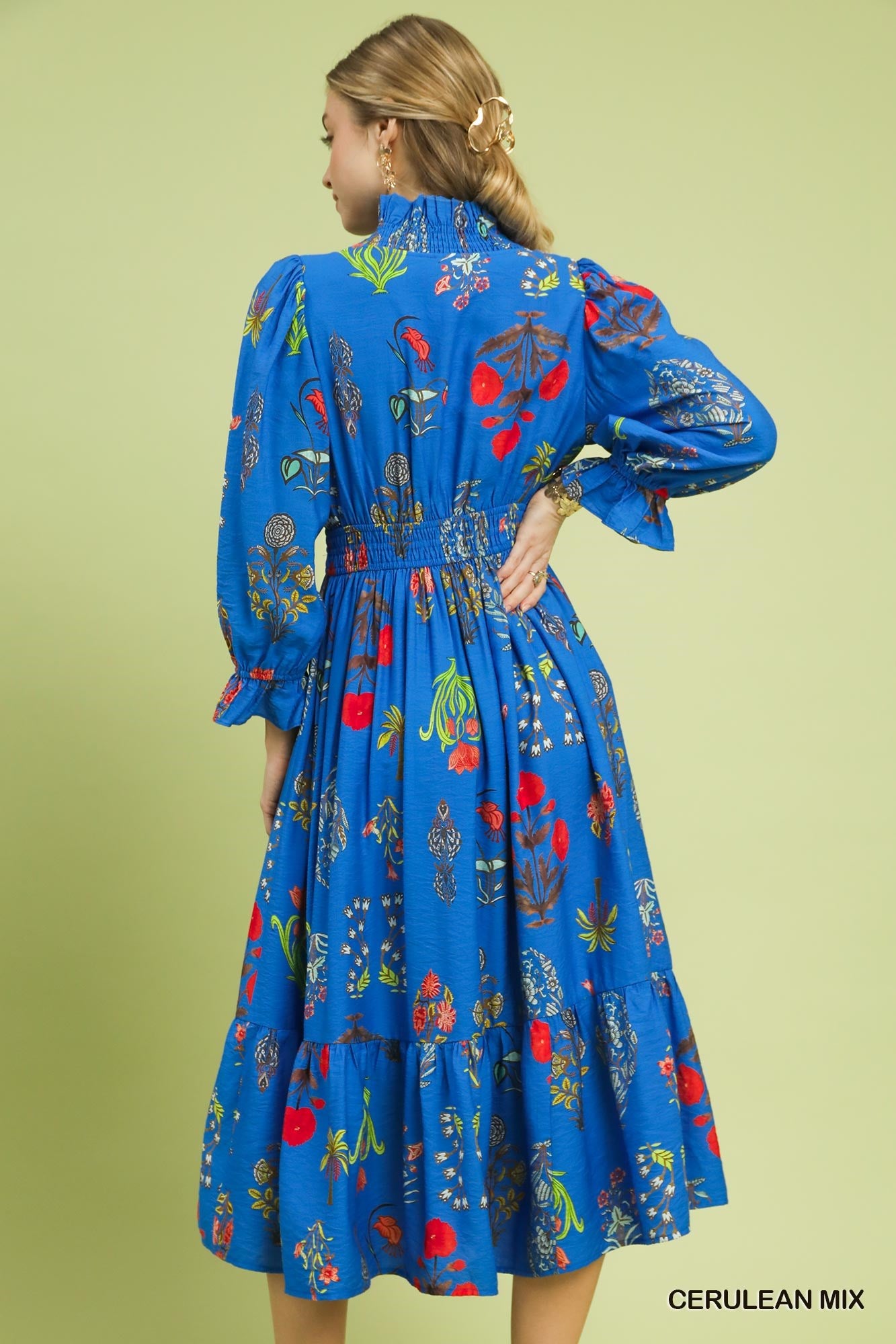 Mix Smocked Waist Floral Midi Dress