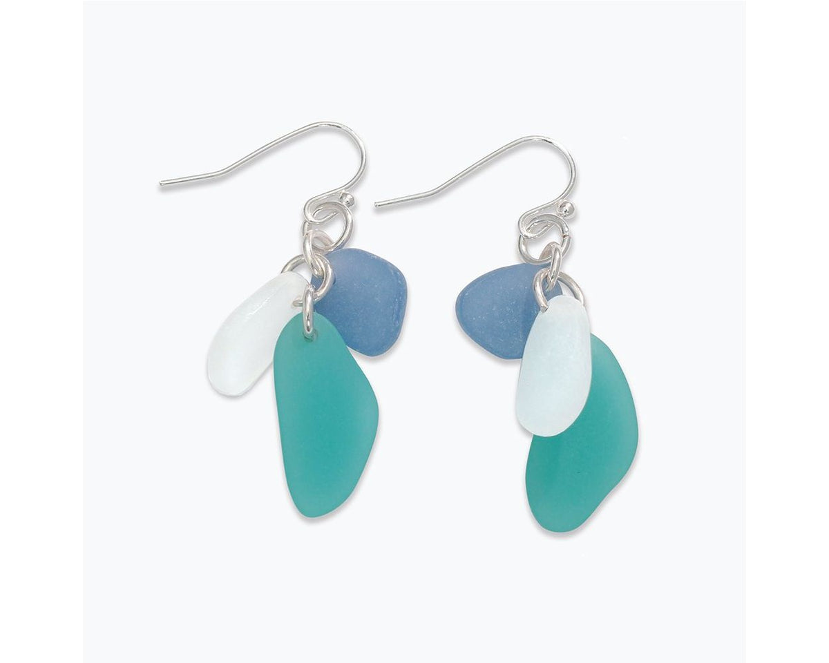 Blue, Aqua, White Sea Glass Cluster Earrings by Periwinkle