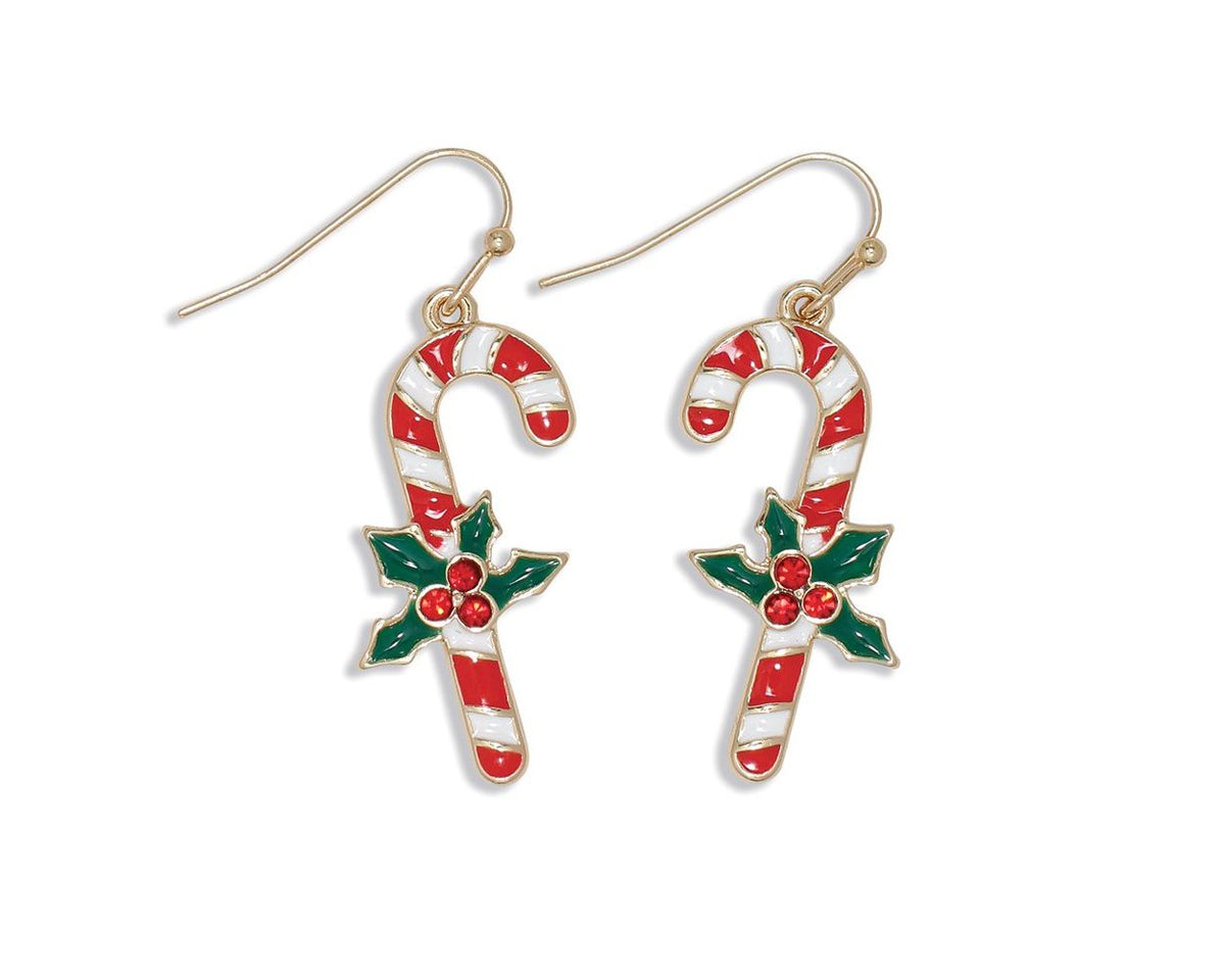 Candy Cane Earrings w/Crystal Holly by Periwinkle