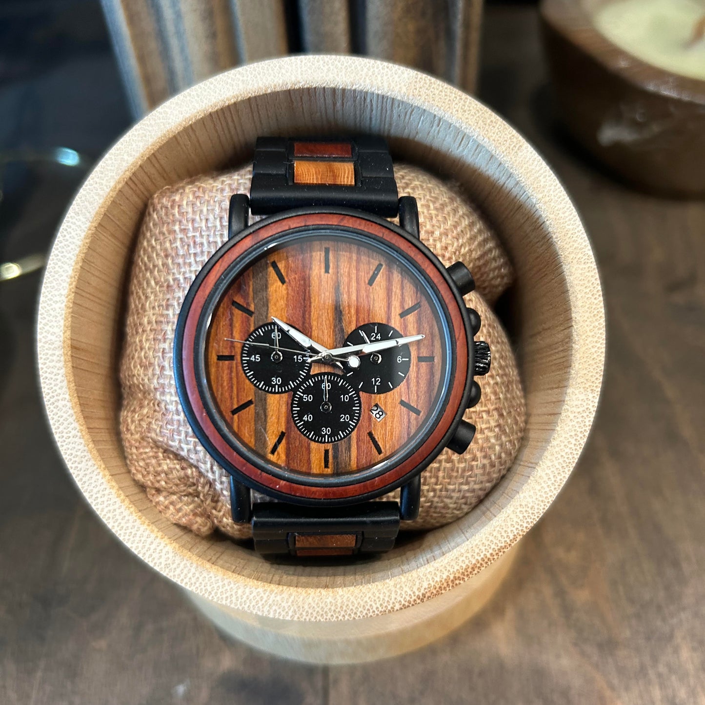 Wood & Black Mens Chronograph Style Watch