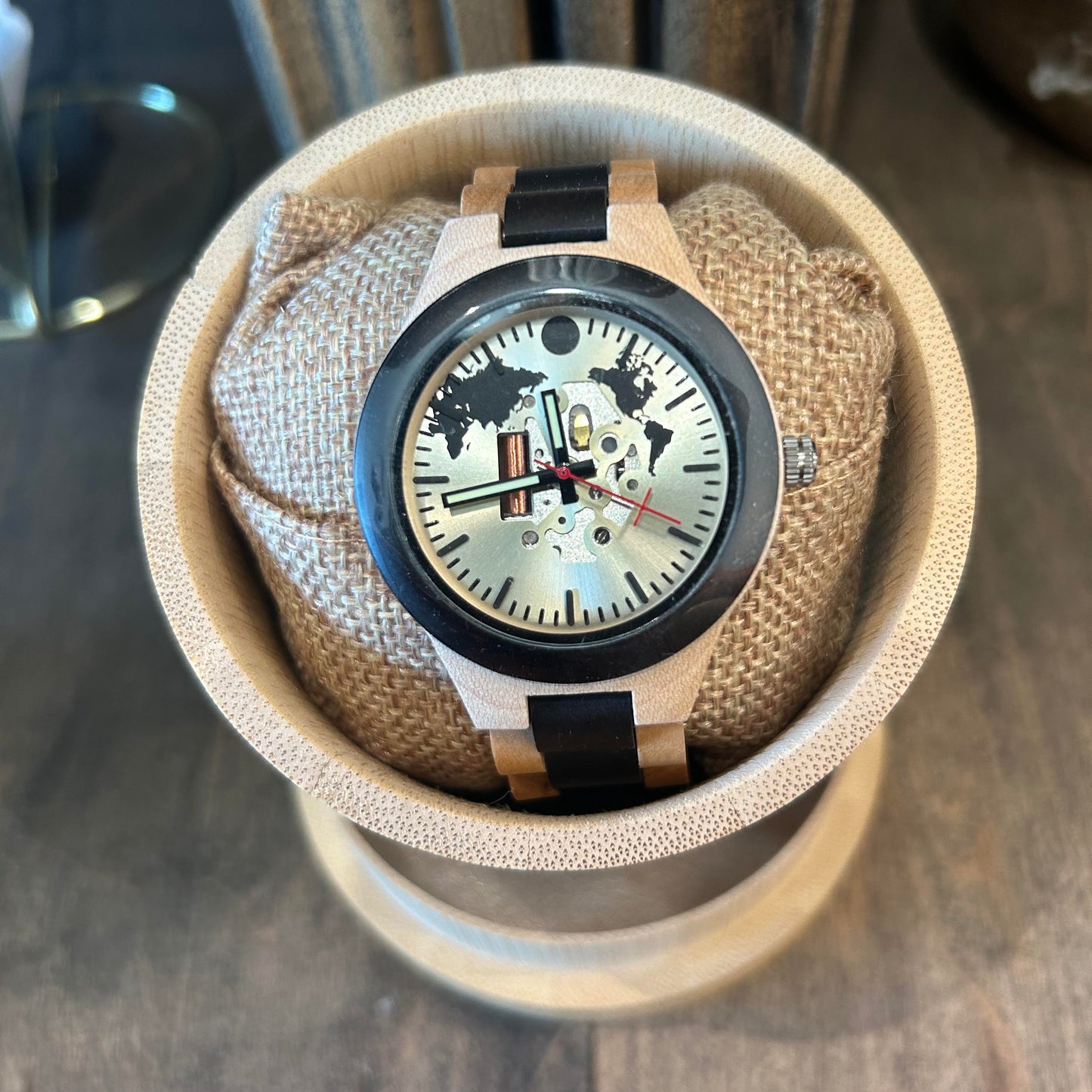 World Map Wood & Black Mens Watch