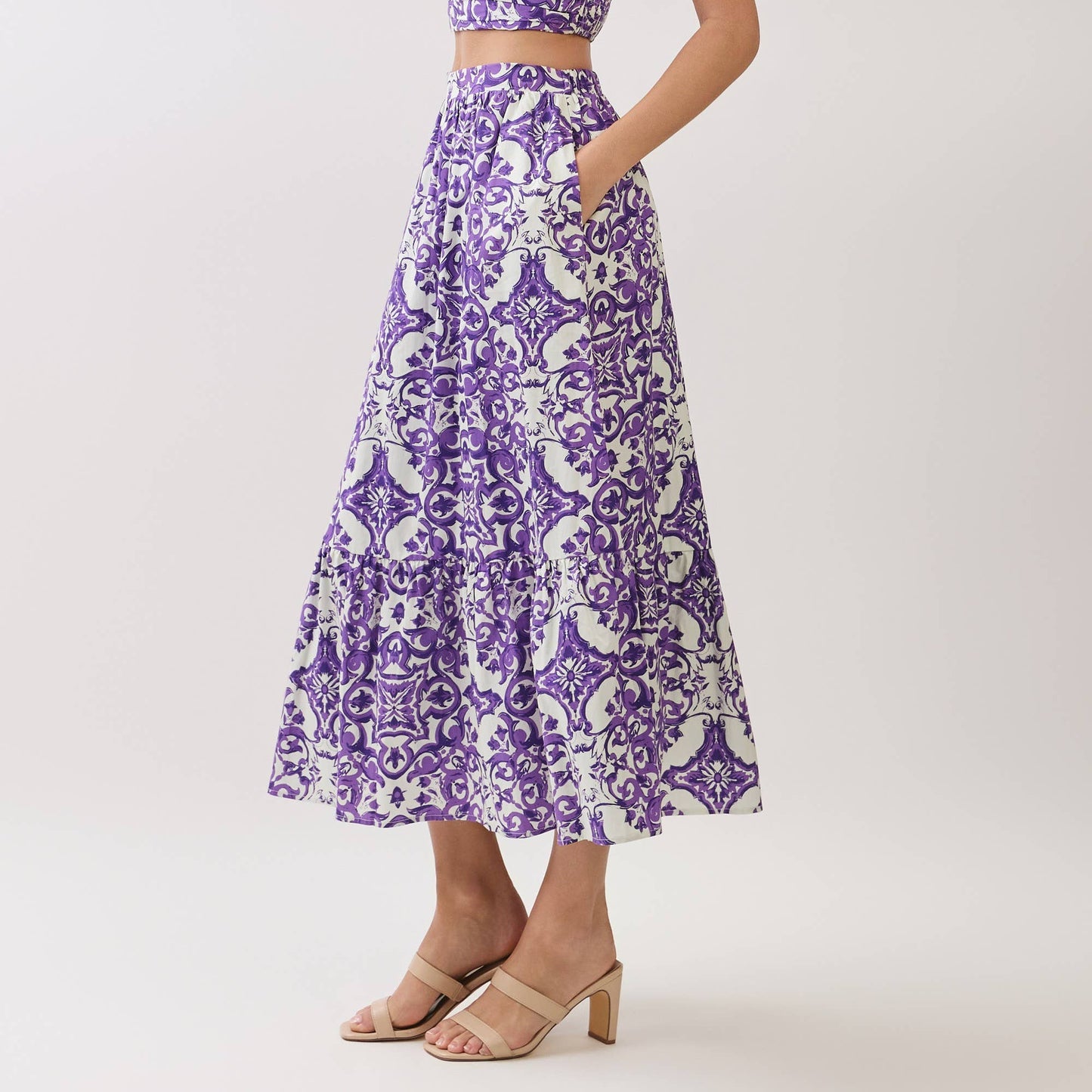 Baroque Print Tiered Midi Skirt