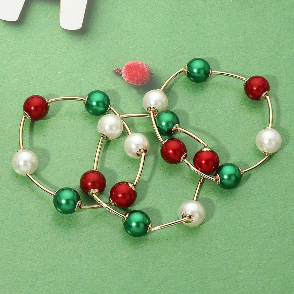 3PCS - Christmas Pearl Ball and Bar Beaded Stretch Multi Layered Bracelets