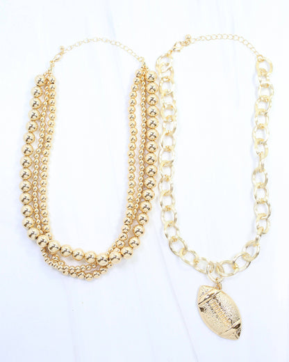 Bree Beaded Layered Necklace- Football- Gold- by Caroline Hill