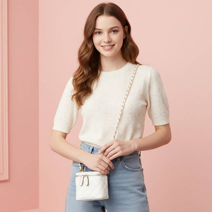 Faux Leather Quilted Top Handle Mini Vanity Box Crossbody Bag