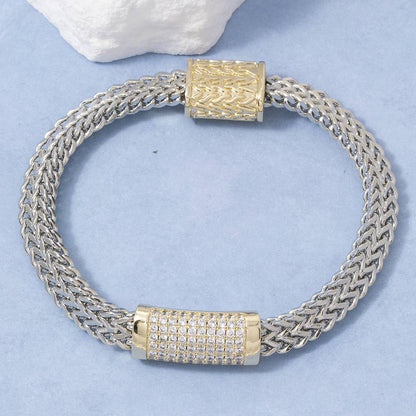 Two Tone Woven Chain Cz Bracelet