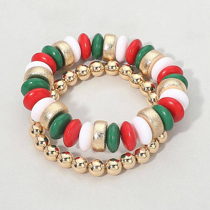 2PCS - Natural Stone Metal Ball Beaded Stretch Double Layered Bracelets
