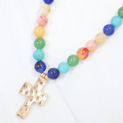 Kathryn Hammered Cross Beaded Necklace by Caroline Hill
