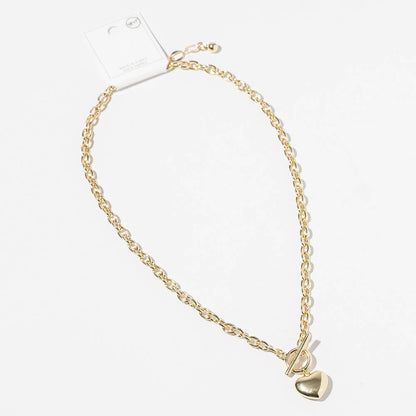 Gold Dipped Chunky Chain Puffy Heart Toggle Pendant Necklace