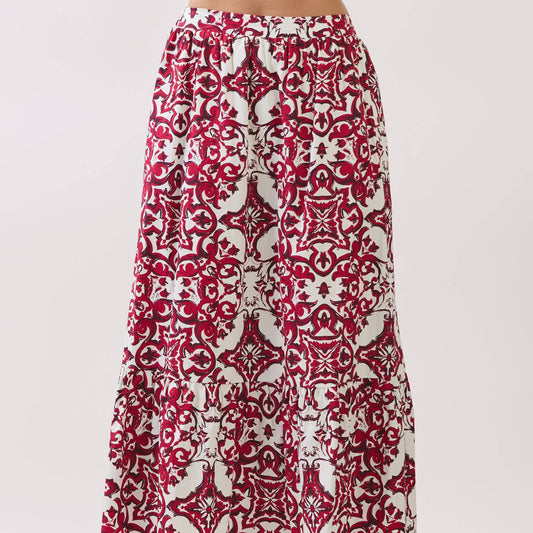 Baroque Print Tiered Midi Skirt