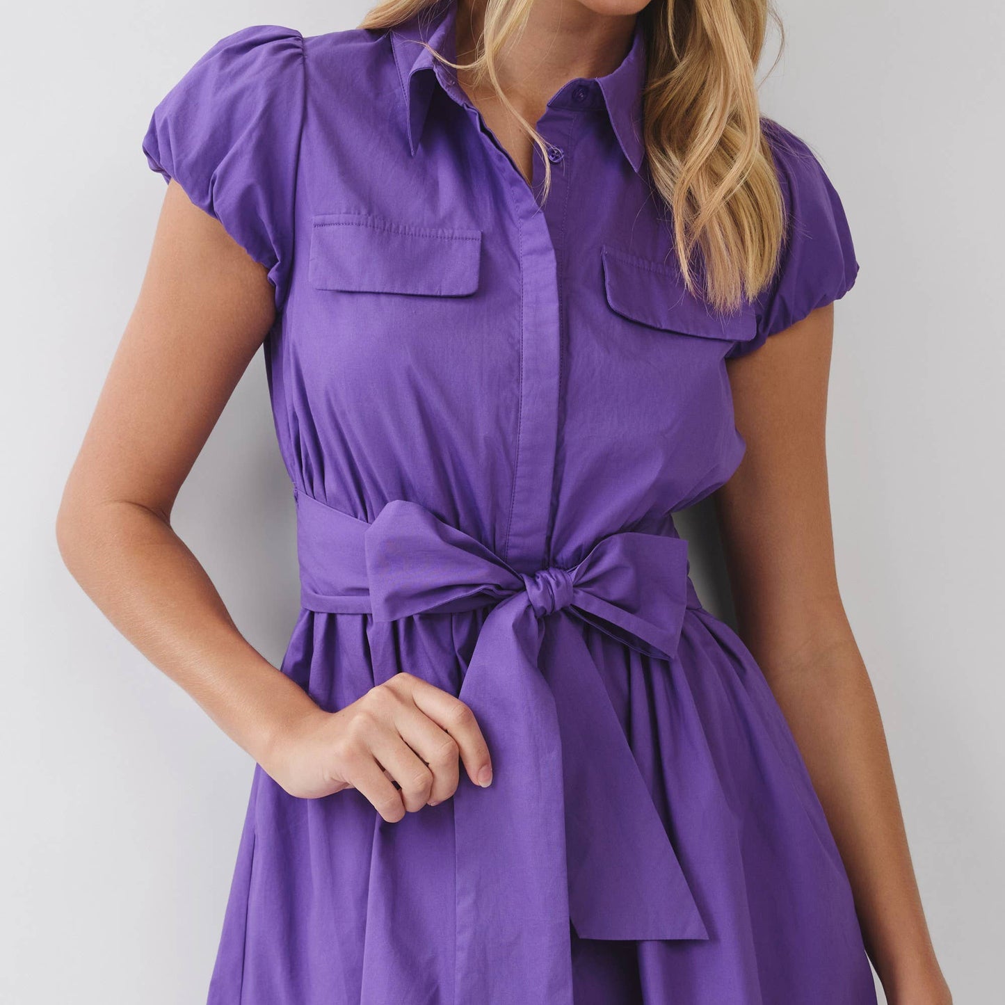 Puff Sleeve Mini Dress with Attached Tie Belt