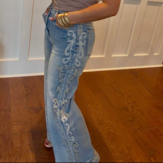 Washed Denim Jeans with Border Embroidery Detailing