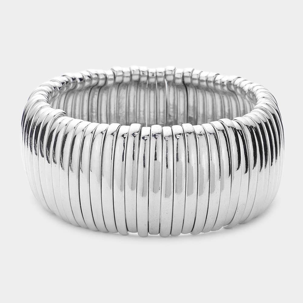 Wide Ribbed Metal Bar Stretch Bracelet