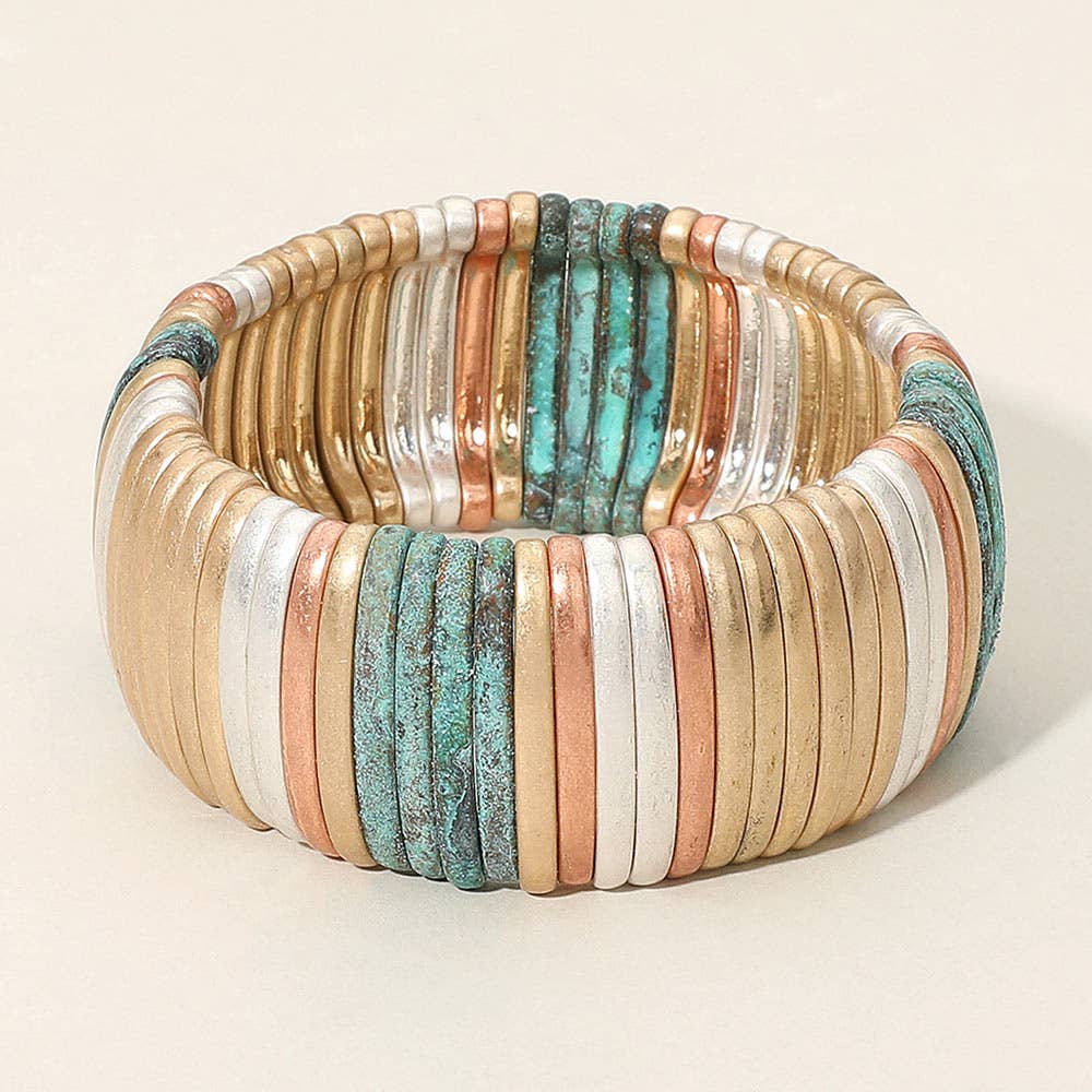 Wide Ribbed Metal Bar Stretch Bracelet