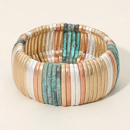 Wide Ribbed Metal Bar Stretch Bracelet