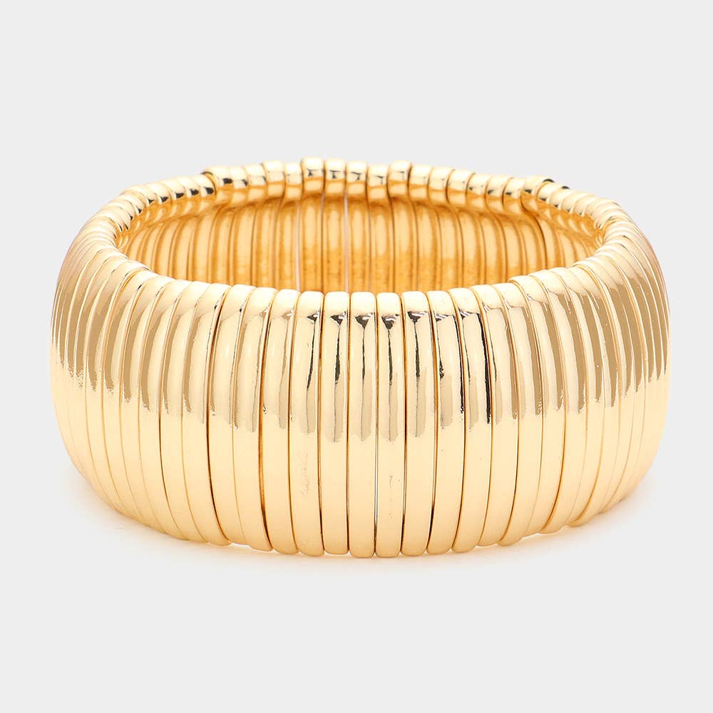 Wide Ribbed Metal Bar Stretch Bracelet