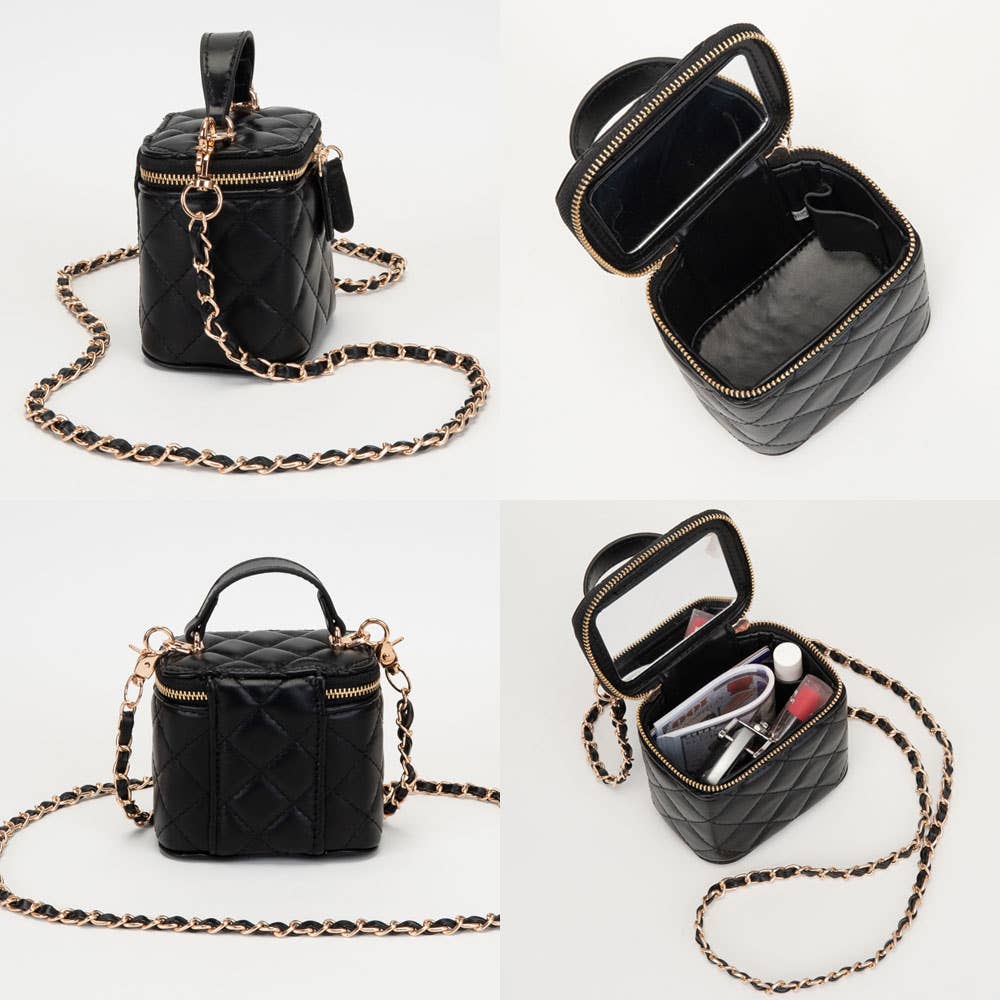 Faux Leather Quilted Top Handle Mini Vanity Box Crossbody Bag