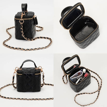 Faux Leather Quilted Top Handle Mini Vanity Box Crossbody Bag