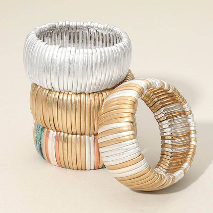 Wide Ribbed Metal Bar Stretch Bracelet
