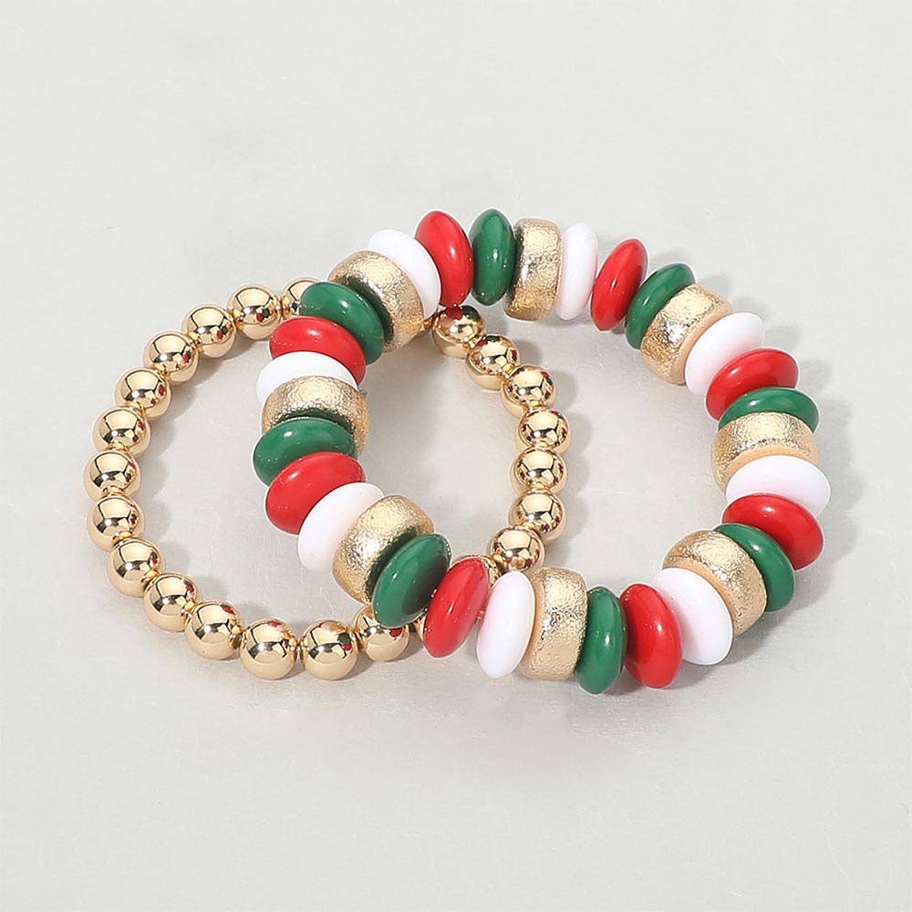 2PCS - Natural Stone Metal Ball Beaded Stretch Double Layered Bracelets