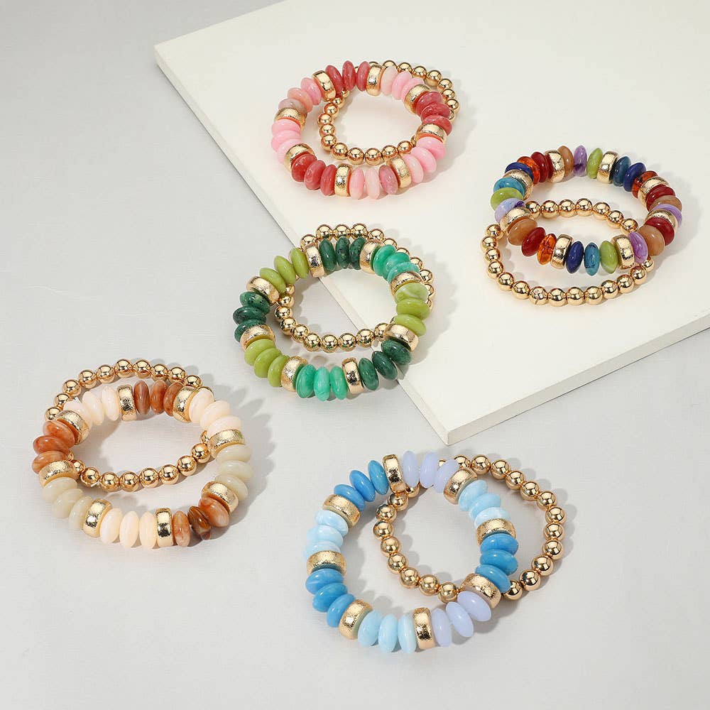 2PCS - Natural Stone Metal Ball Beaded Stretch Double Layered Bracelets
