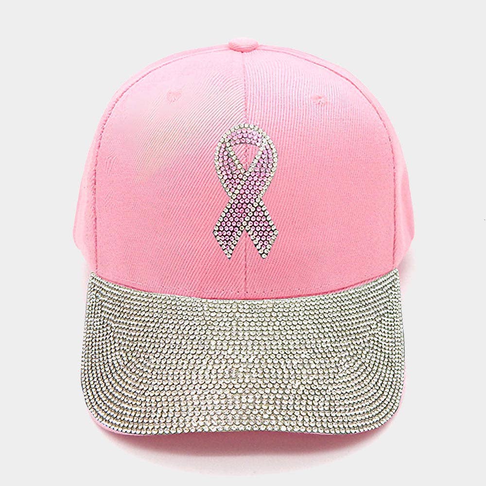 Pink Ribbon Bling- Studded Baseball Cap