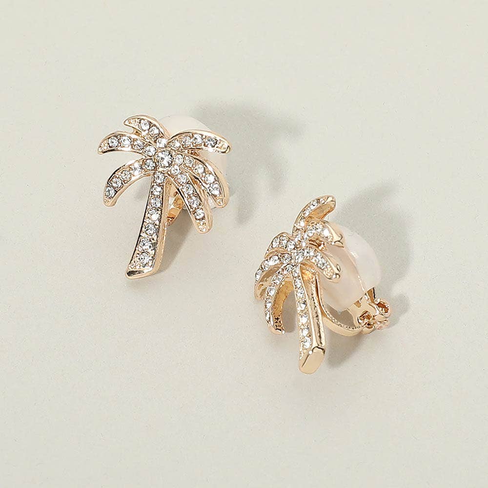 Rhinestone Pave Palm Tree Clip On Earrings