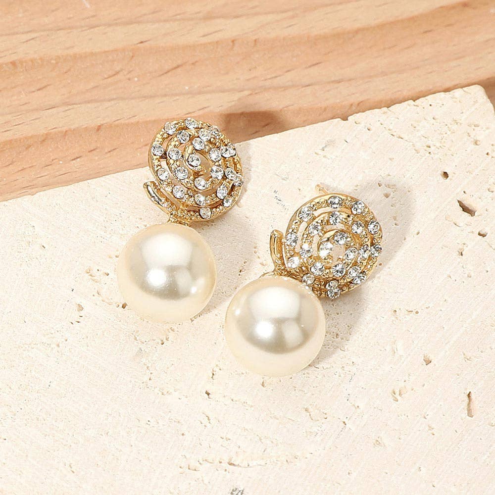 Crystal Pave Swirl Pearl Drop Earrings