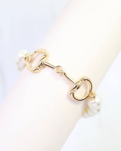Gigi Pearl Horsebit Stretch Bracelet- Cream- by Caroline Hill