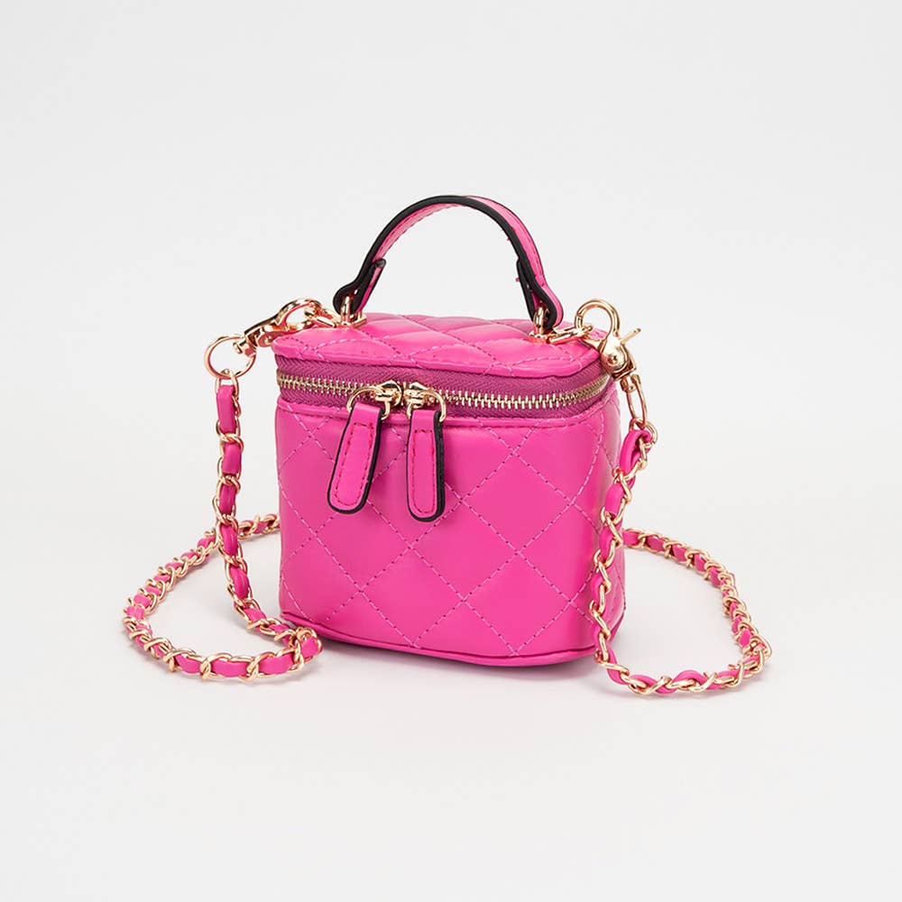 Faux Leather Quilted Top Handle Mini Vanity Box Crossbody Bag