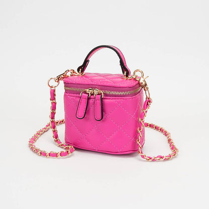 Faux Leather Quilted Top Handle Mini Vanity Box Crossbody Bag