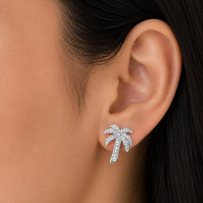 Rhinestone Pave Palm Tree Clip On Earrings