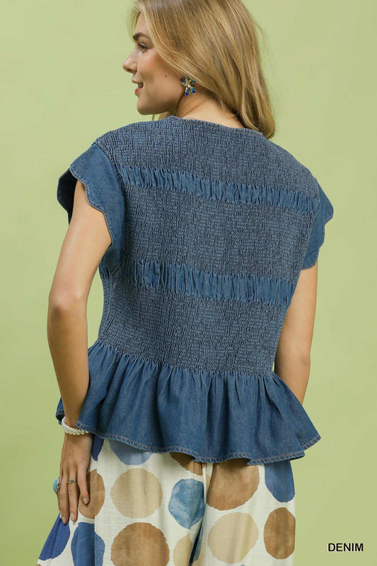 Denim Blend Smocked Peplum Top