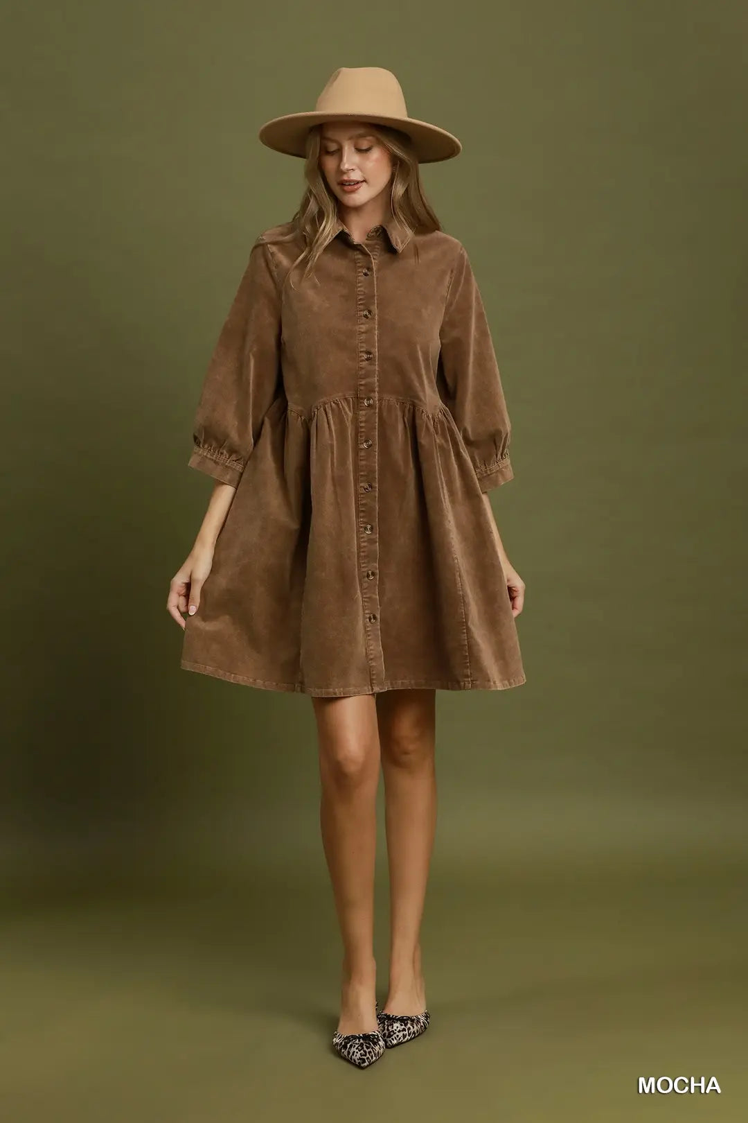 Mineral Wash Button Front Babydoll Shirt Dress