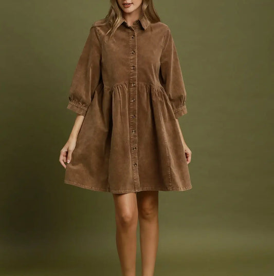 Mineral Wash Button Front Babydoll Shirt Dress