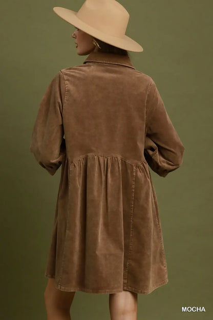 Mineral Wash Button Front Babydoll Shirt Dress