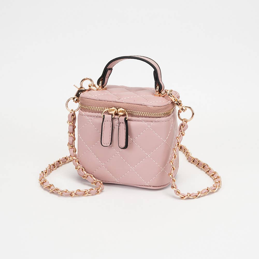 Faux Leather Quilted Top Handle Mini Vanity Box Crossbody Bag