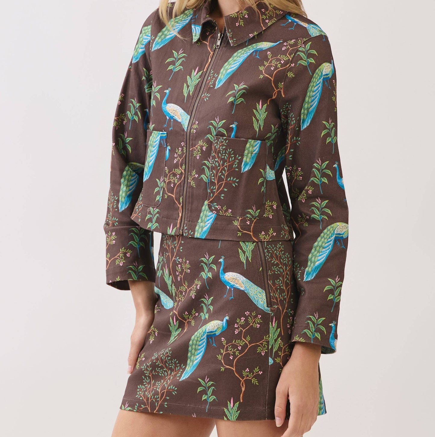 Botanical Bird Print Side ZIpper Mini Skirt